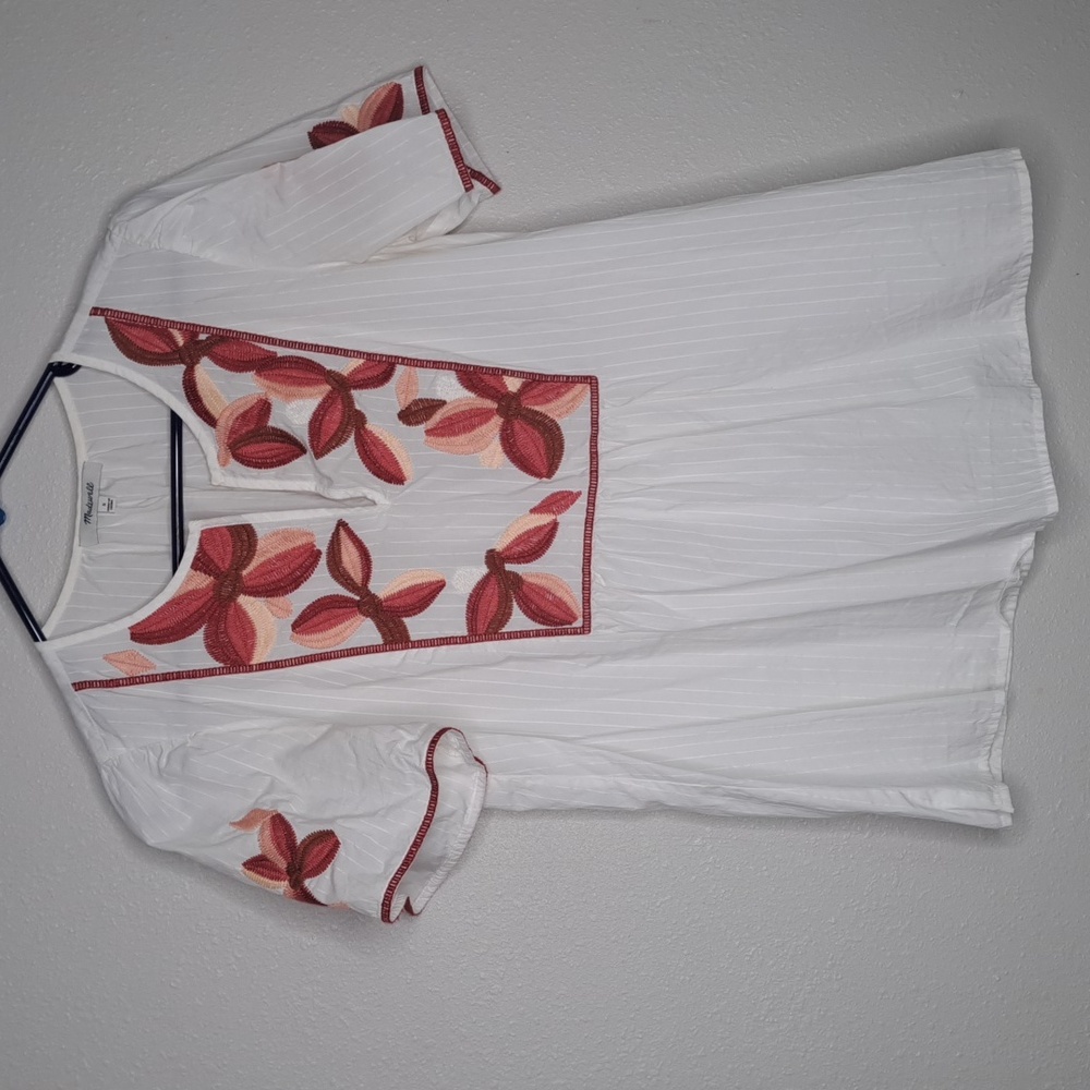 Madewell Women's Ivory Embroidered V-neck Short Sleeve Blouse Size Small Boho - Picture 2 of 16